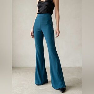 CUSHNIE Silk Charmeuse Side Panel Flare Leg Pants Teal Size 4 Long Inseam